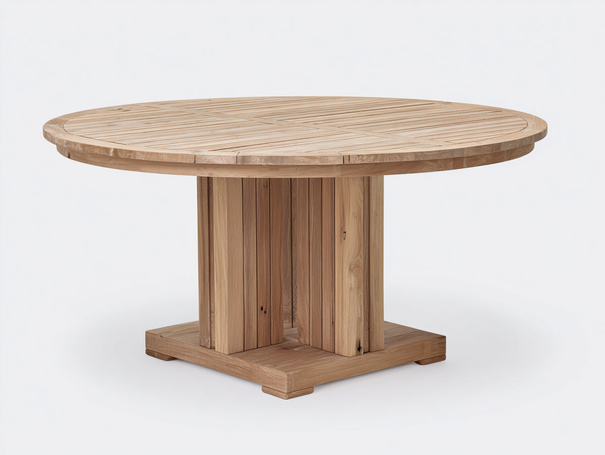 Gartentisch aus Holz 140x140x75 cm - Naturbraun - Runder Tisch mit Lamellenplatte und massivem Säulenfuß