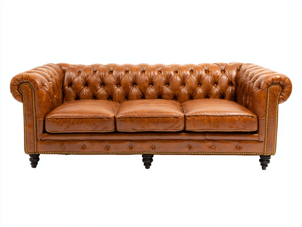 3 Sitzer Sofas aus Leder 225 x 94 x 80 cm - Cognacbraun - klassisches Chesterfield-Design