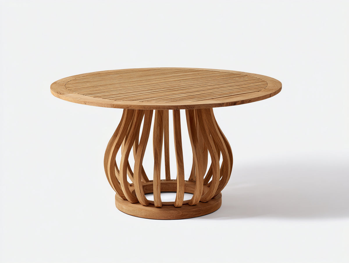 Gartentisch aus Holz 160x160x75 cm - Natur - runde Lamellentischplatte mit geschwungenem Säulenfuß