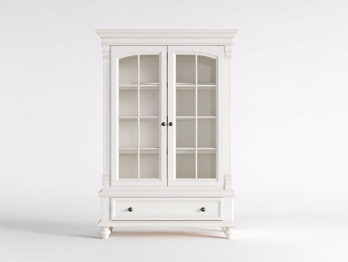 Bücherregal aus Holz 112 x 42 x 190 cm - Weiß - mit 2 Glastüren und 1 Schublade
