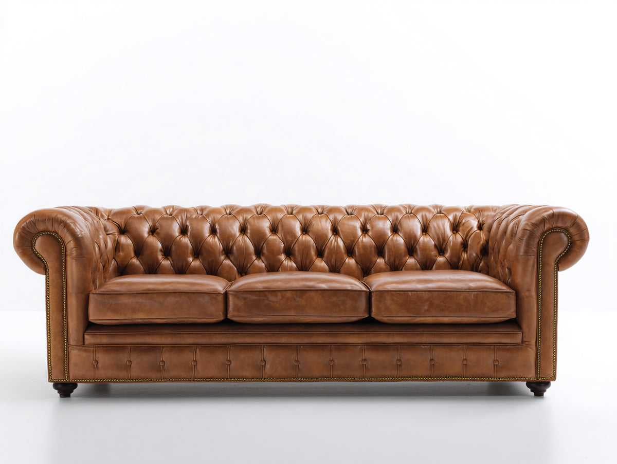 3 Sitzer Sofas Echtleder 225 x 95 x 78 cm - Cognac - Chesterfield Sofa mit Knopfheftung und Ziernieten