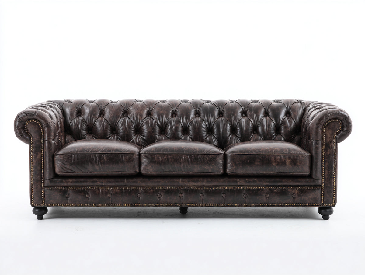 3 Sitzer Sofas Echtleder 225 x 95 x 78 cm - Dunkelbraun - Chesterfield Sofa mit Knopfheftung