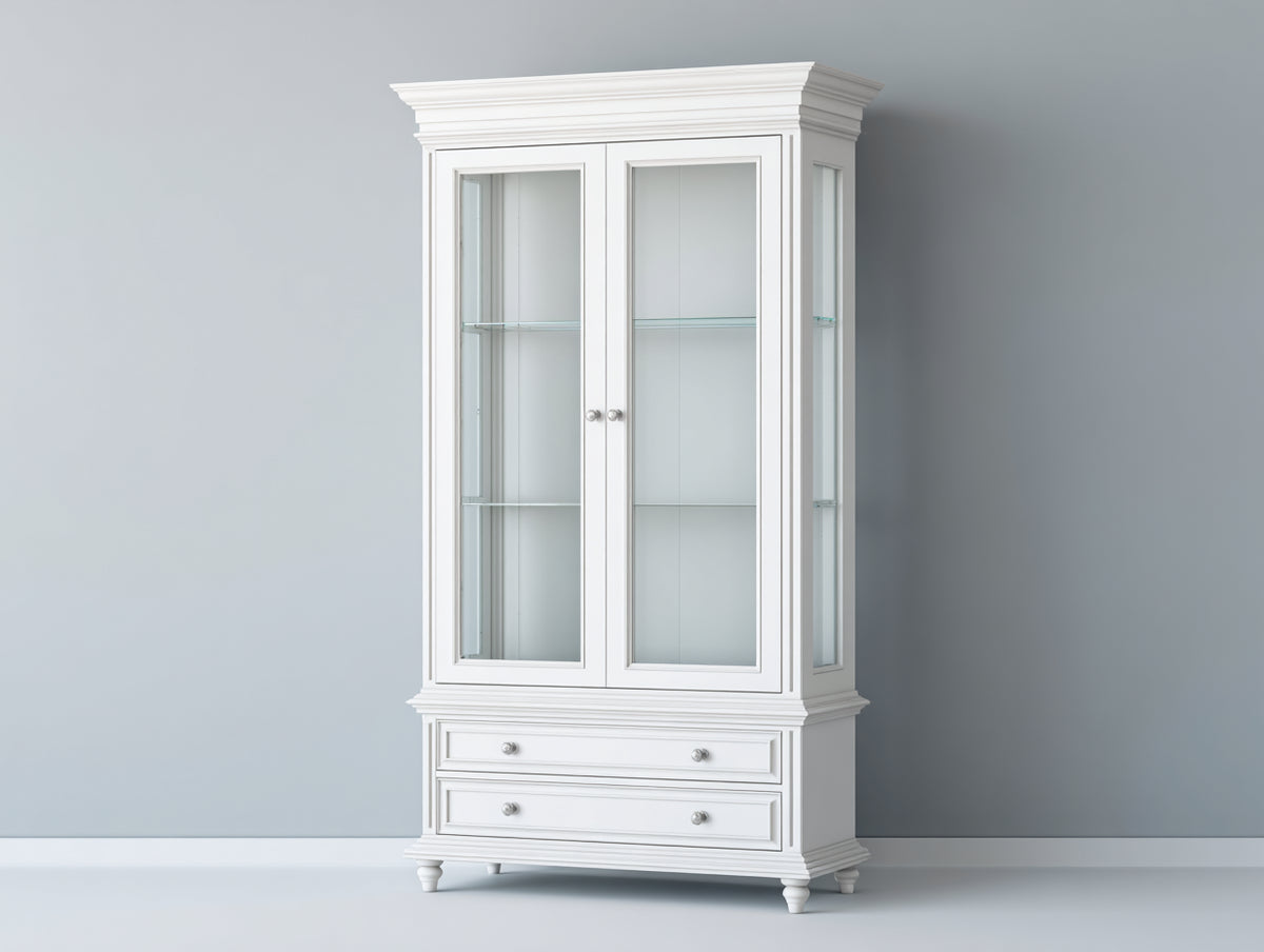 Bücherregal mit Glastüren und Schubladen 110x45x210 cm - Weiß - Klassisches Vitrinendesign mit Glasböden