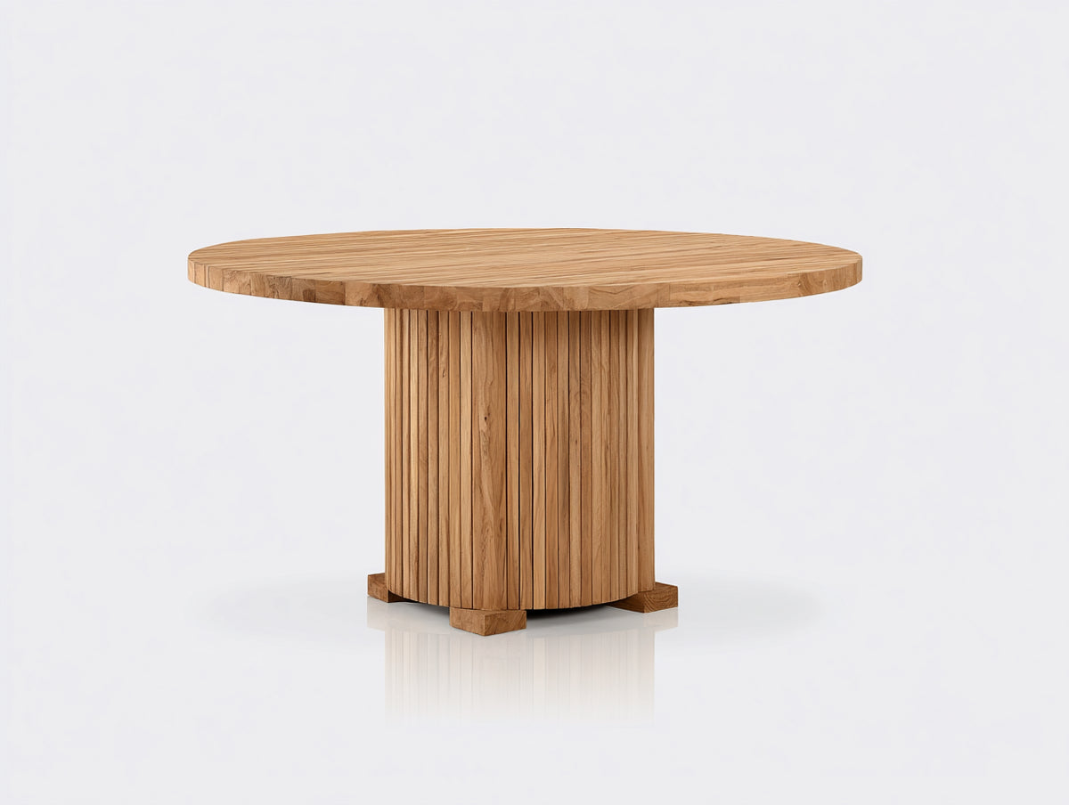 Gartentisch aus Holz 150x150x75 cm - Natur - runde Tischplatte mit geripptem Säulenfuß