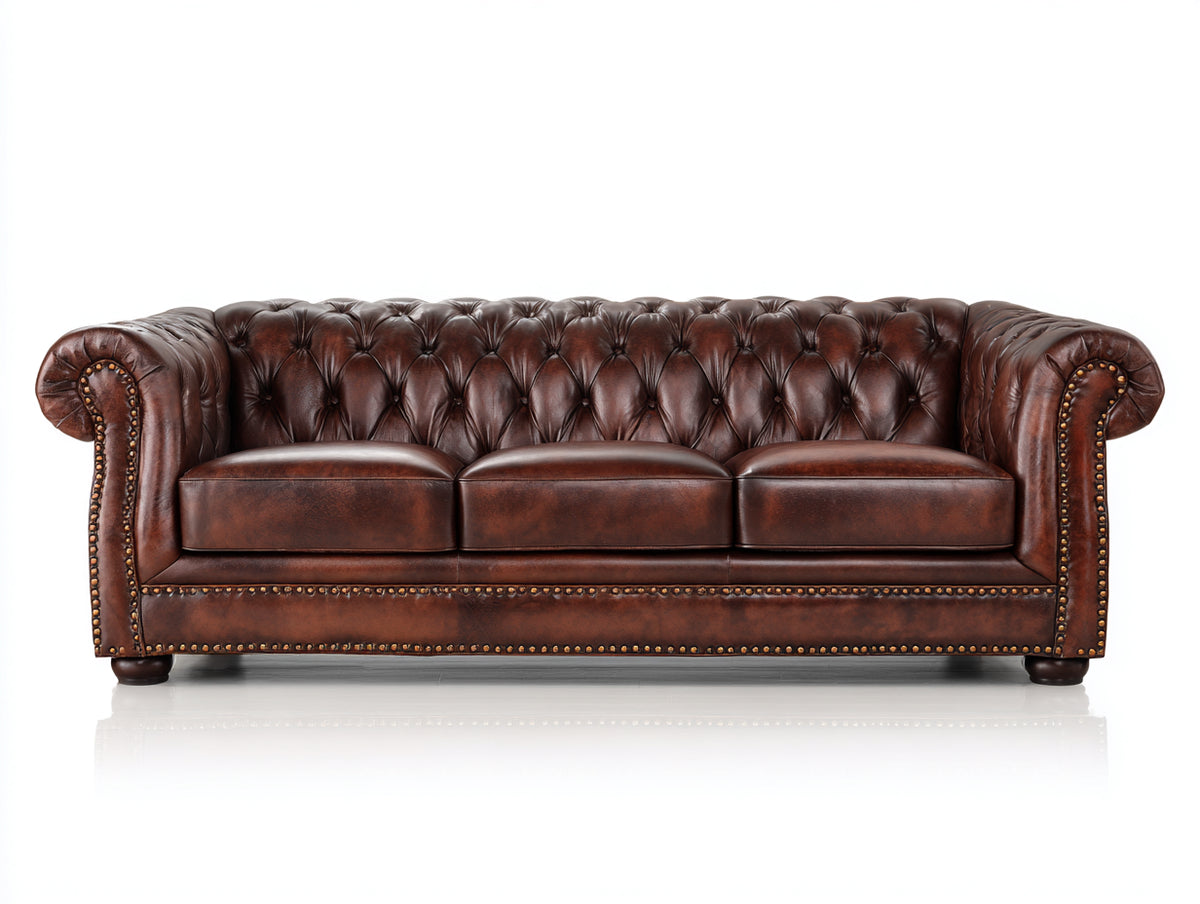 3 Sitzer Sofas Echtleder 225 x 95 x 78 cm - Cognacbraun - Chesterfield Sofa mit Knopfheftung und Ziernieten