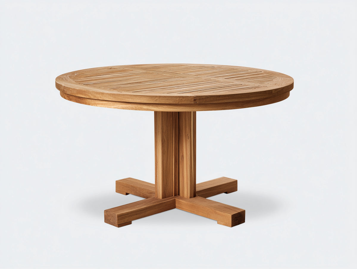 Gartentisch aus Holz 120 x 120 x 75 cm - Natur - rund mit Kreuzfuß und Lamellenplatte