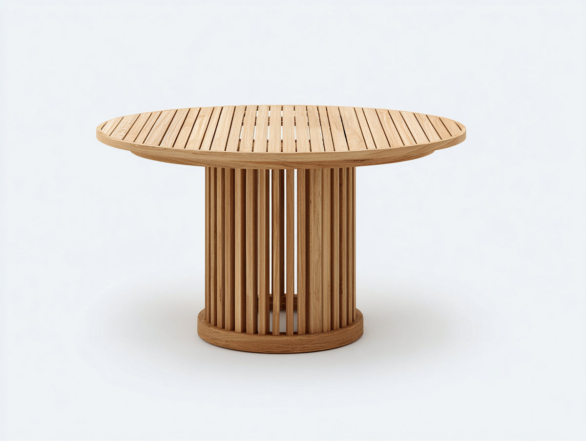 Gartentisch aus Holz 140x140x75 cm - Natur - runde Lamellentischplatte mit Säulenfuß