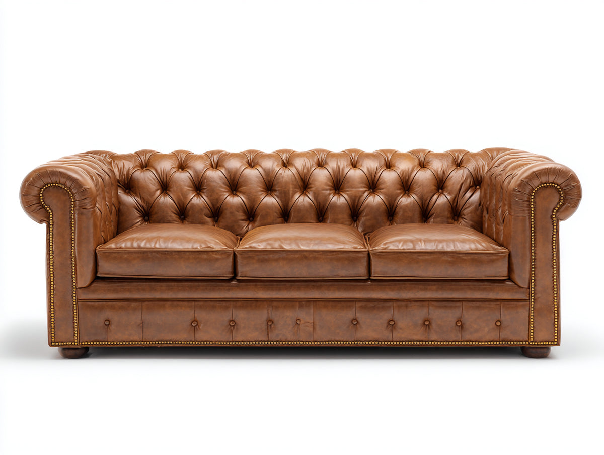 3 Sitzer Sofas aus Leder 225x95x78 cm - Cognacbraun - Chesterfield-Stil mit Knopfheftung