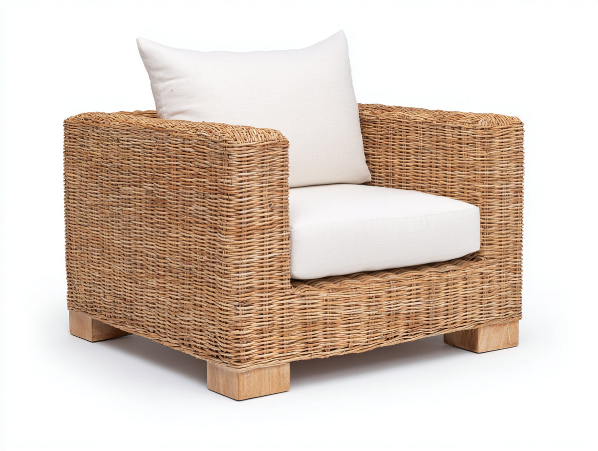 Polyrattan Gartensessel mit Polsterauflage 92x88x82 cm - Naturbraun-Cremeweiß - Breite Armlehnen und modernes Outdoor-Design