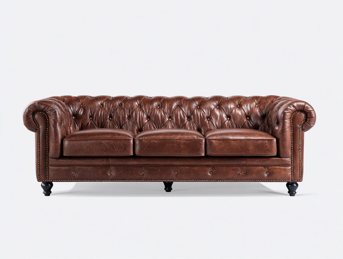 3 Sitzer Sofa Echtleder 230 x 95 x 85 cm - Dunkelbraun - Chesterfield Stil für Wohnzimmer