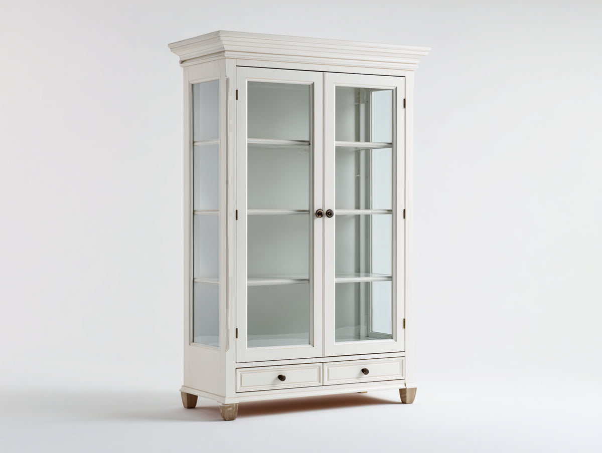 Bücherregal aus Holz und Glas 110x42x190 cm - Weiß - klassisches Vitrinendesign mit 2 Glastüren und 2 Schubladen